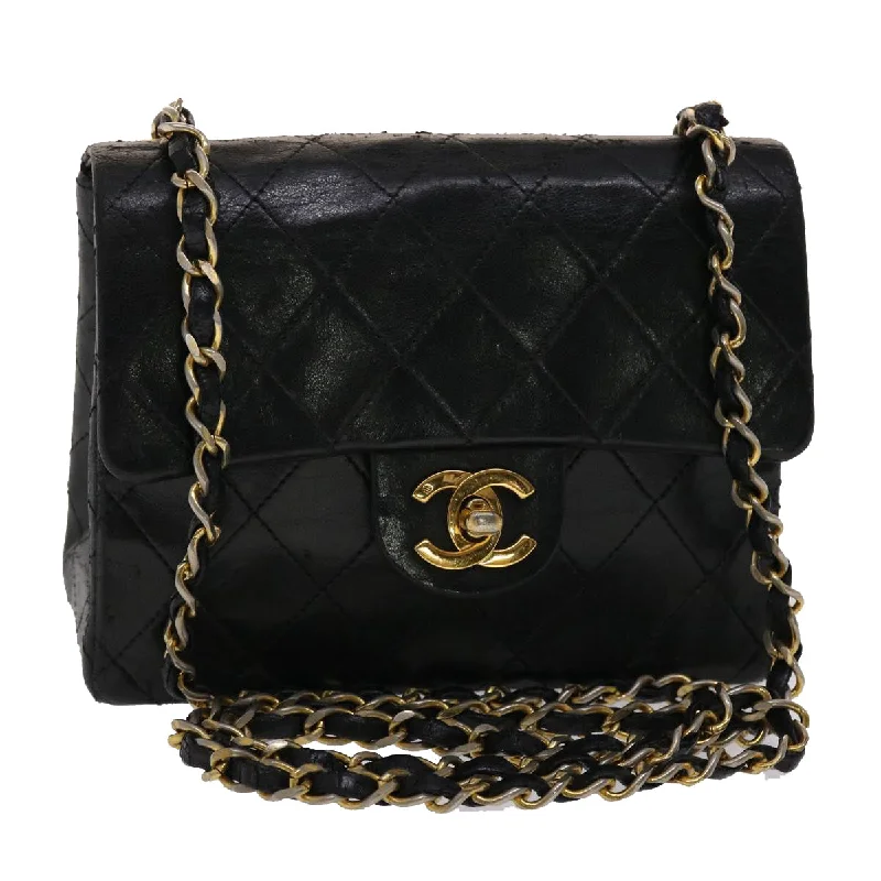 CHANEL Matelasse Chain Flap Shoulder Bag Lamb Skin Black Gold CC  24557A