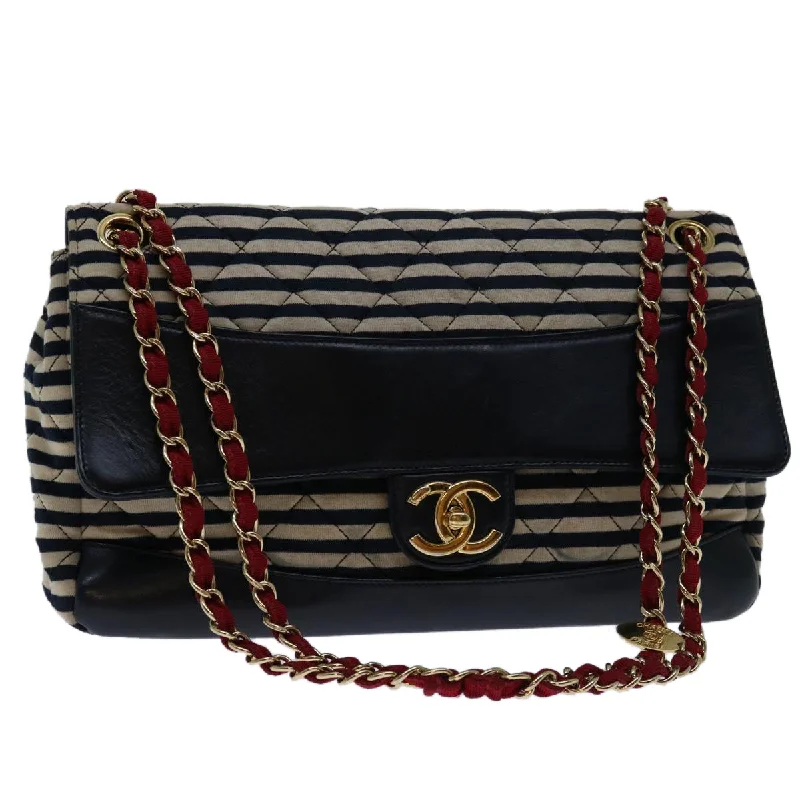 CHANEL Matelasse Chain Shoulder Bag Cotton White Navy CC  69062A