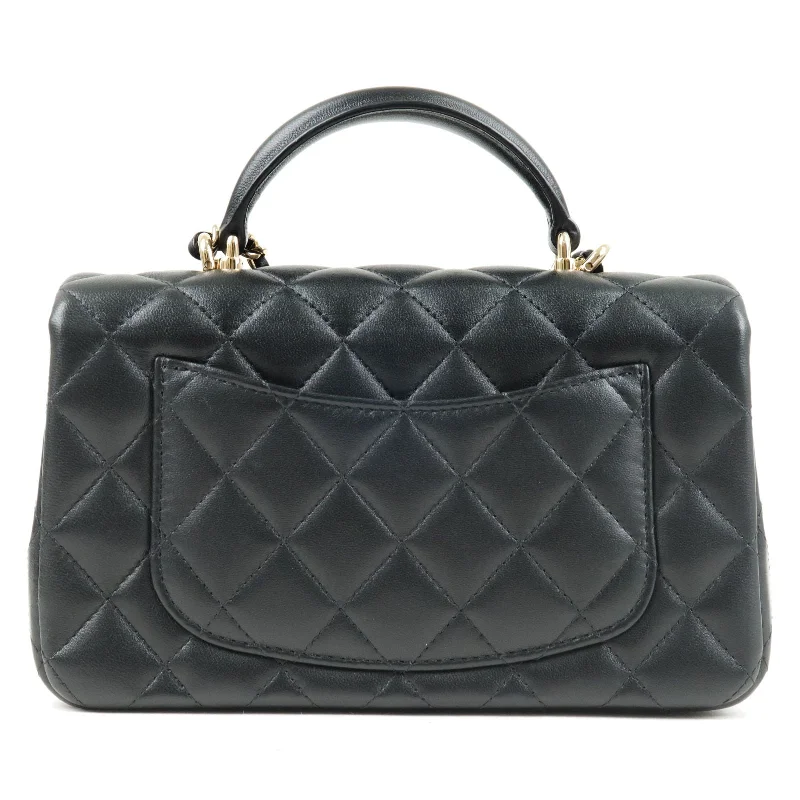 CHANEL Matelasse Lamb Skin Top Handle Mini Flap 2way Bag Black