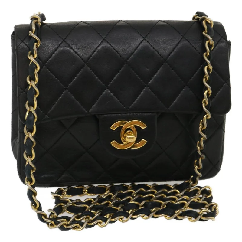 CHANEL Mini Matelasse Chain Flap Shoulder Bag Lamb Skin Black Gold  ai651A