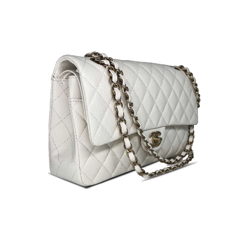 Pre owned Chanel optic white caviar leather double flap closure designer bag