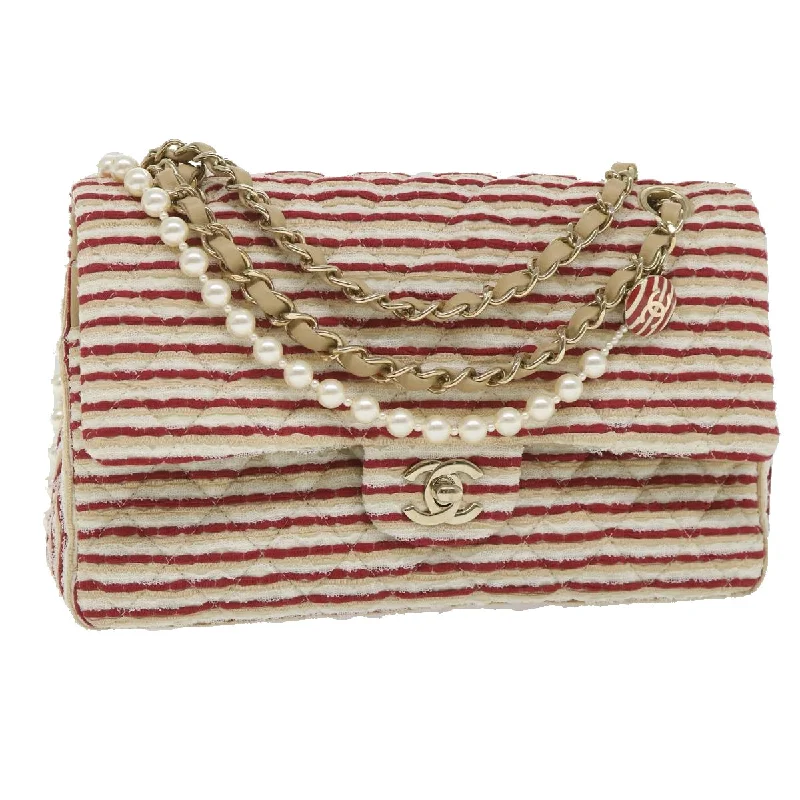 CHANEL Quilted Matelasse Chain Shoulder Bag Canvas Red Beige CC  58343S