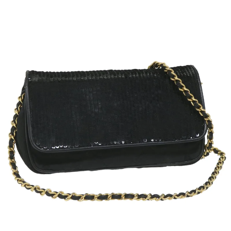 CHANEL Sequin Chain Shoulder Bag Nylon Black CC  bs9682