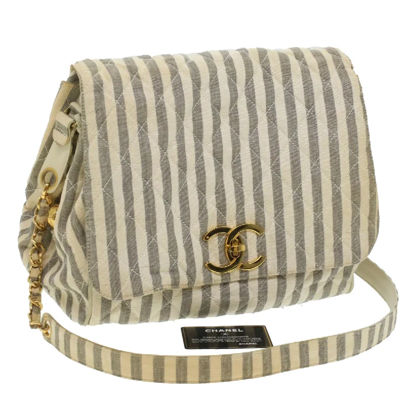 CHANEL Striped Matelasse Chain Shoulder Bag Canvas White Gray CC  bs3642